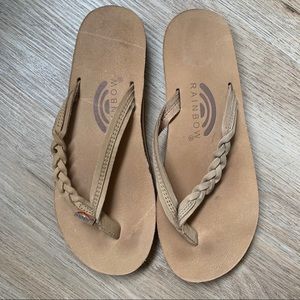 Rainbow leather braided flip flops